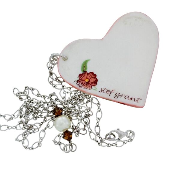 Vintage Sterling Silver Crystal Pearl Accent Ceramic Heart Pendant Necklace 21" - Picture 2 of 5